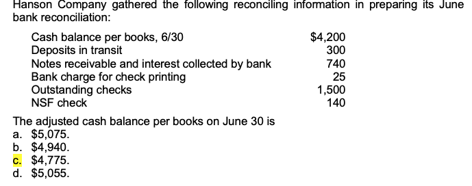 Solved Hanson Company gathered the following reconciling | Chegg.com