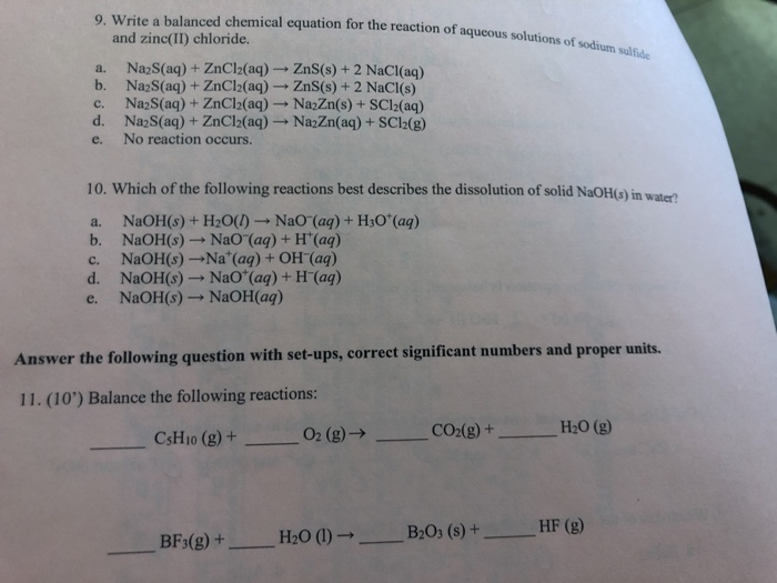 Solved 9. Write a balanced chemical equation for the