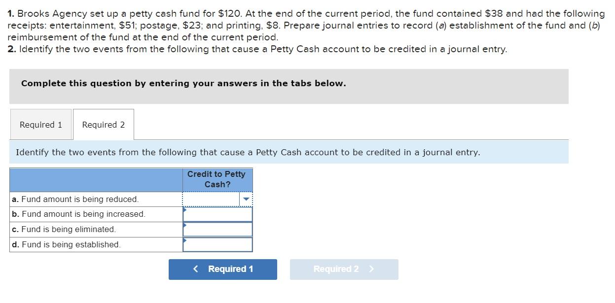 Solved 1 Brooks Agency Set Up A Petty Cash Fund For 120 Chegg