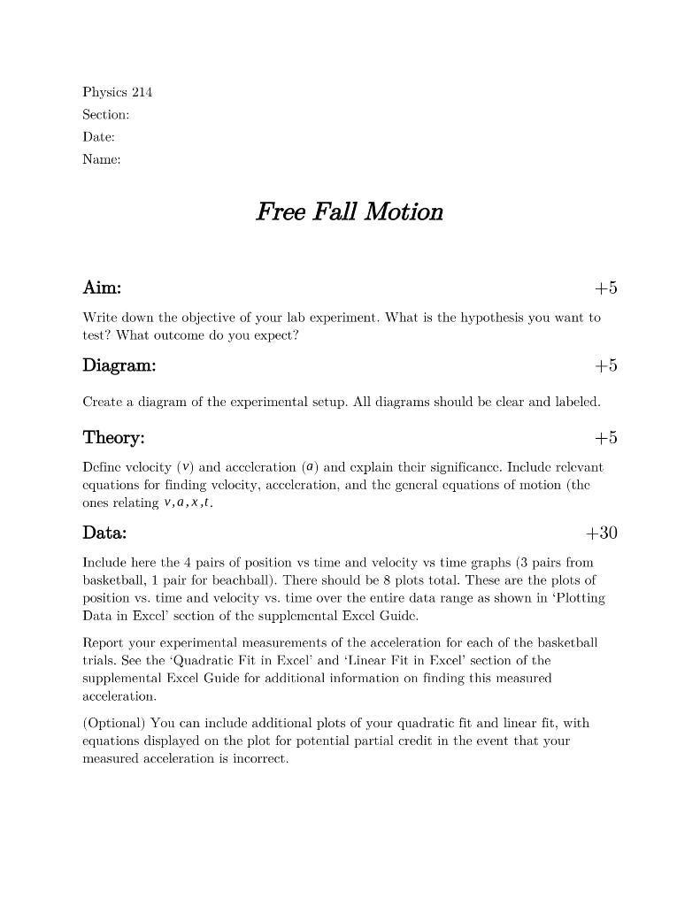Physics 214 Section: Date: Name: Free Fall Motion | Chegg.com