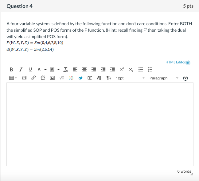 Solved Question 4 5 pts A four variable system is defined by | Chegg.com