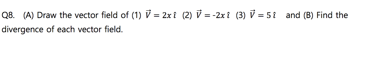 Solved Q8. (A) Draw the vector field of (1) V=2x ^ (2) | Chegg.com