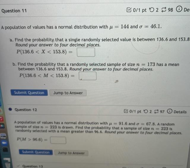 Solved Question 11 B0/1 Pt 2 98 De A Population Of Values | Chegg.com