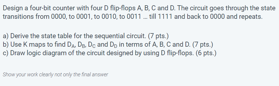 Solved Design a four-bit counter with four D flip-flops A, | Chegg.com