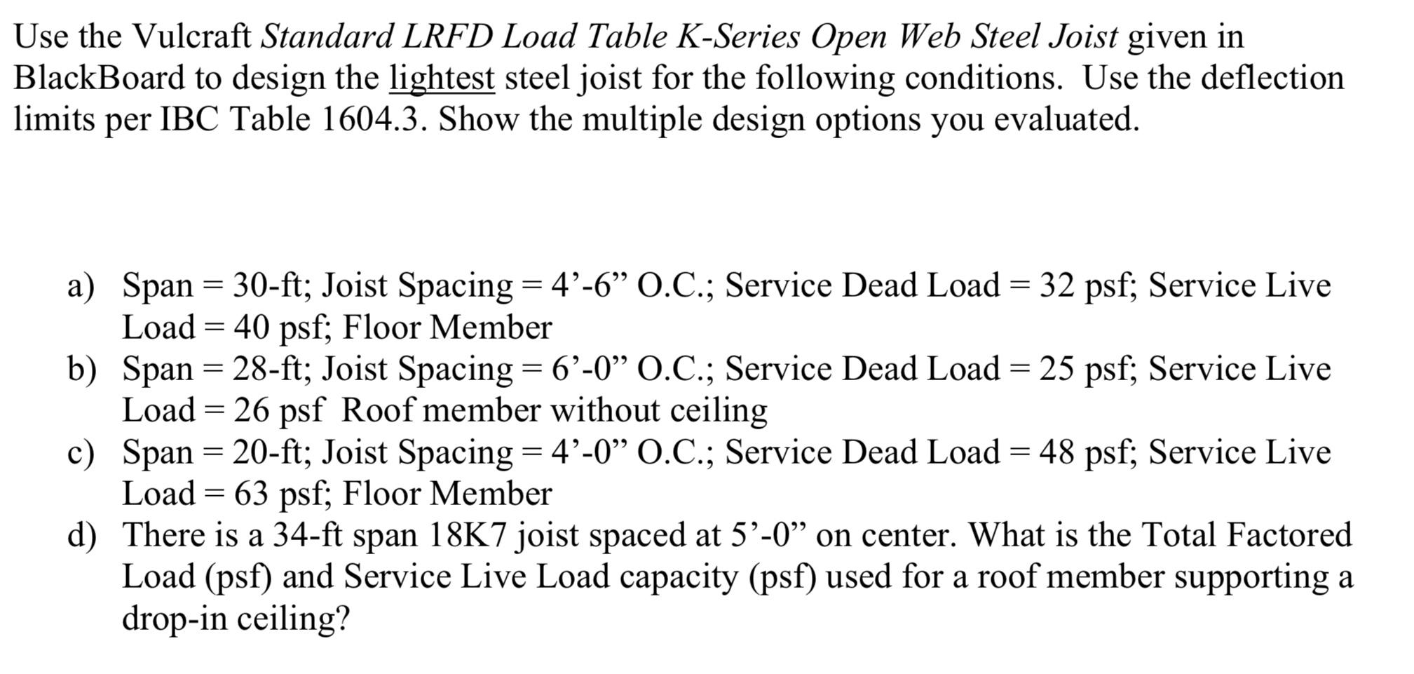 Use the Vulcraft Standard LRFD Load Table K-Series | Chegg.com