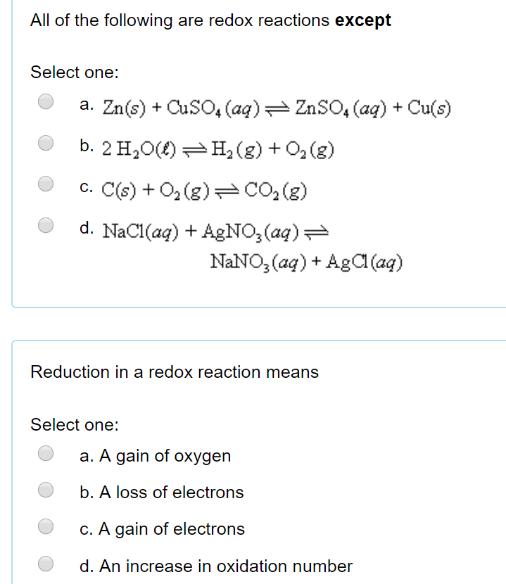 Solved All of the following are redox reactions except | Chegg.com