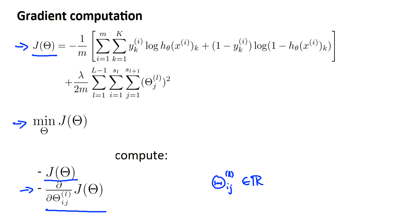 Gradient computation \[ \begin{array}{l} \rightarrow \underline{J(\Theta)}=-\frac{1}{m}\left[\sum_{i=1}^{m} \sum_{k=1}^{K} y_