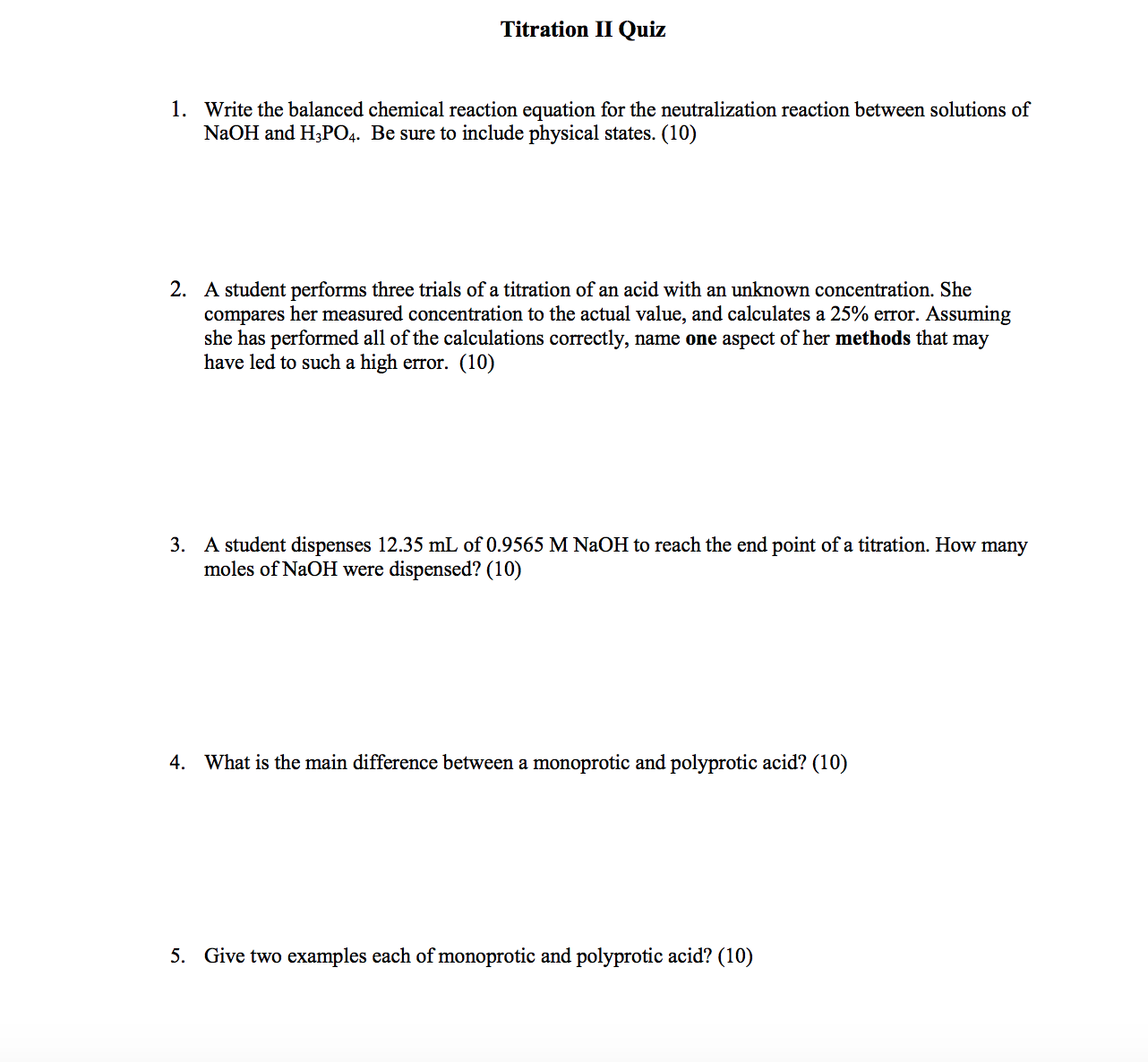 Solved Titration II Quiz 1. Write the balanced chemical