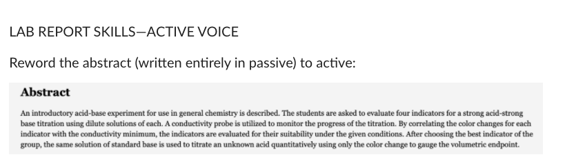 Solved LAB REPORT SKILLS-ACTIVE VOICE Reword the abstract | Chegg.com