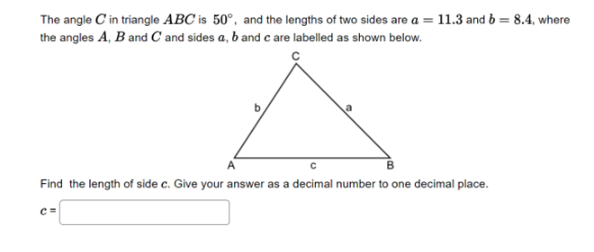 Solved The angle C in triangle ABC is 50, and the lengths | Chegg.com