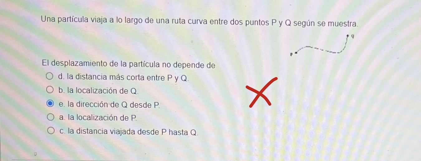 Una partícula viaja a lo largo de una ruta curva entre dos puntos \( P \) y \( Q \) según se muestra. El desplazamiento de la