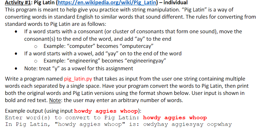 Solved Activity #1: Pig Latin | Chegg.com