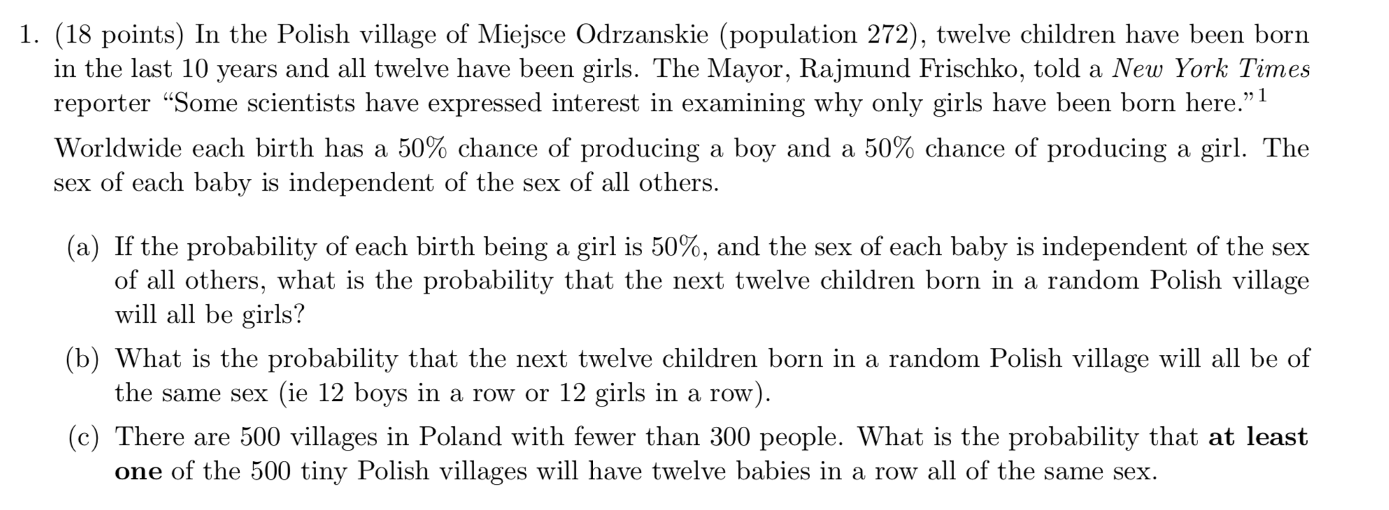 Solved 1. (18 points) In the Polish village of Miejsce | Chegg.com