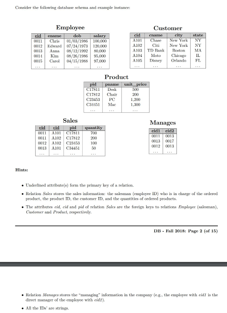 Solved Consider the following database schema and example | Chegg.com