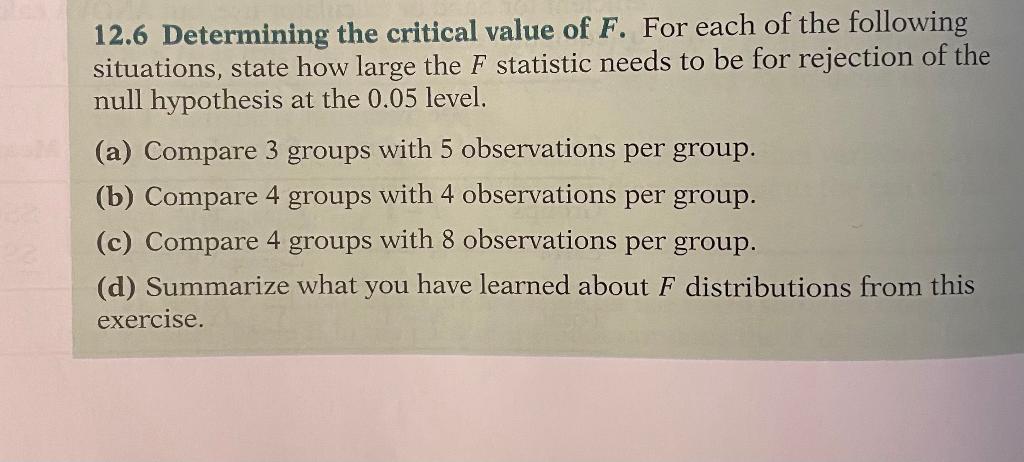Solved 12.6 Determining the critical value of F. For each of | Chegg.com