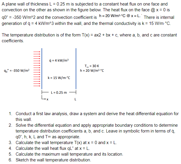 Solved A plane wall of thickness L = 0.25 m is subjected to | Chegg.com