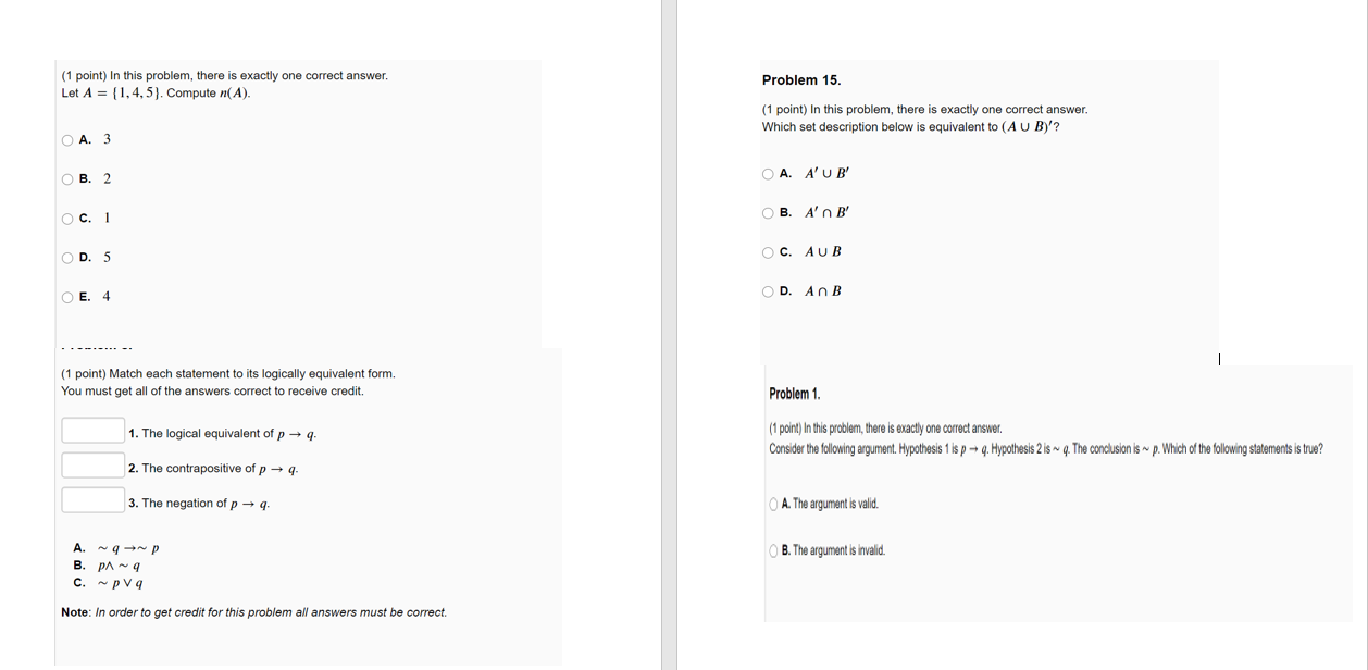 One Point Per Question Solved (1 point) In this problem, there is exactly one | Chegg.com