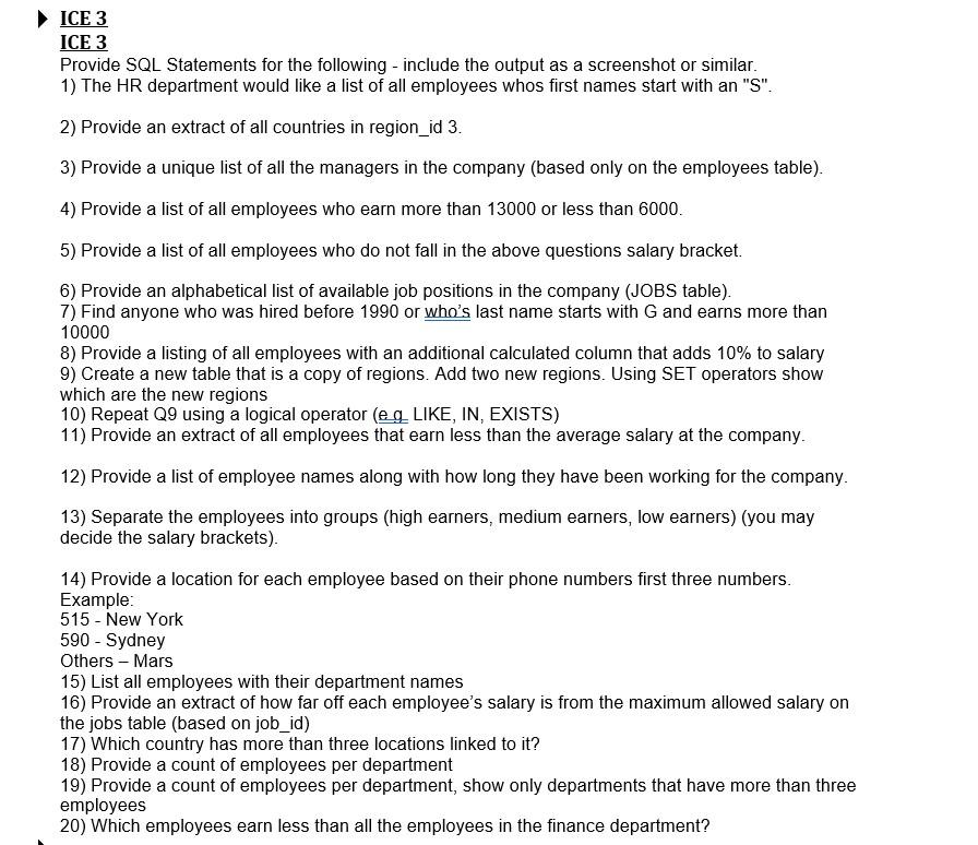 Solved ICE 3 ICE 3 Provide SQL Statements for the following | Chegg.com