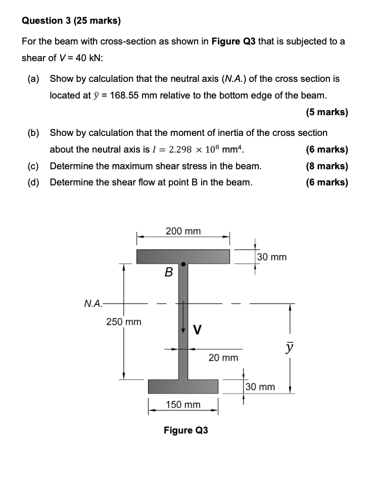 Solved Question 3 25 Marks For The Beam With Cross Section