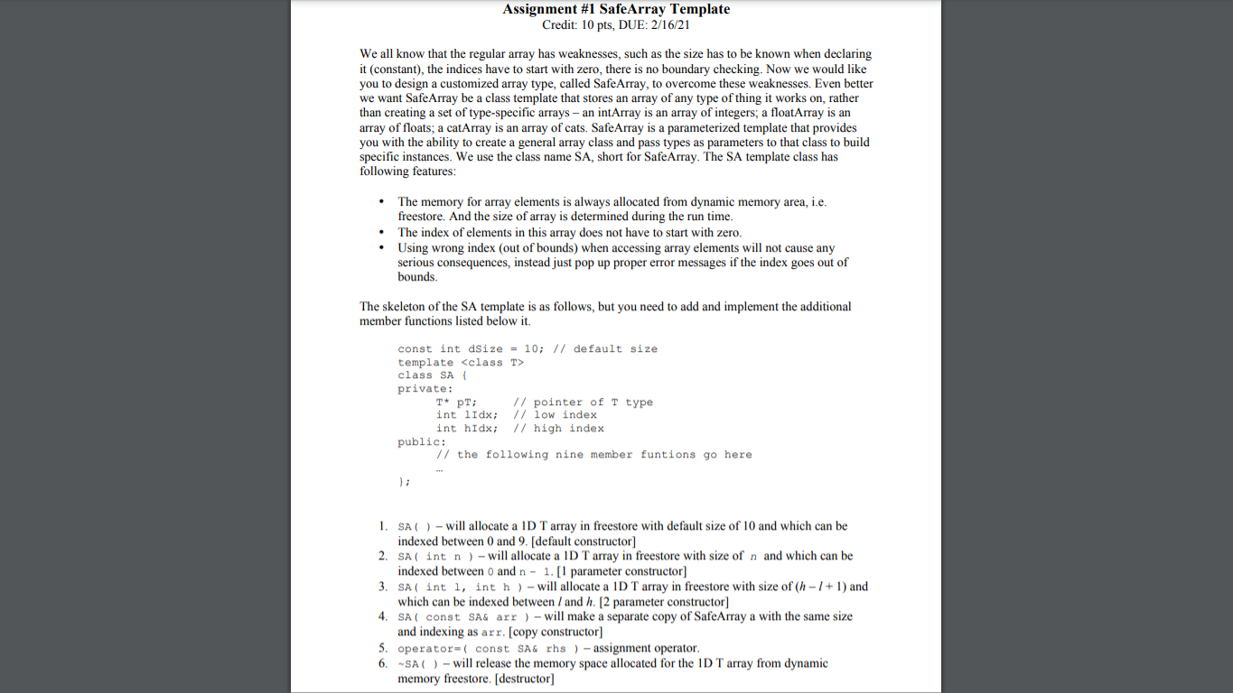 Solved Assignment #1 SafeArray Template Credit: 10 pts, DUE: | Chegg.com