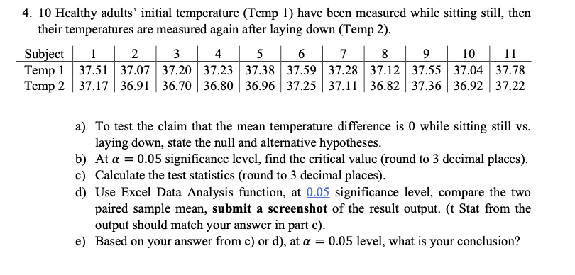 Solved 4. 10 Healthy adults' initial temperature (Temp 1 ) | Chegg.com