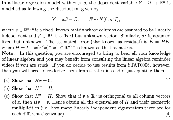 R Is In A Linear Regression Model With N P The Chegg Com