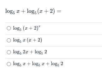 Solved log5x+log5(x+2)=log5(x+2)xlog5x(x+2)log52x+log52log5x | Chegg.com