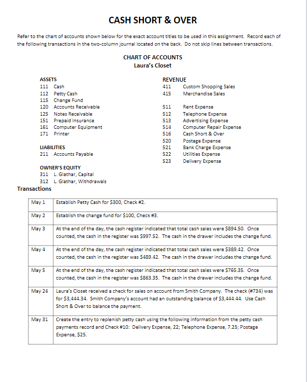 CASH SHORT & OVER Refer to the chart of accounts | Chegg.com