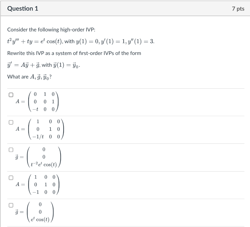 Solved T2y′′′ Ty Etcos T With Y 1 0 Y′ 1 1 Y′′ 1 3