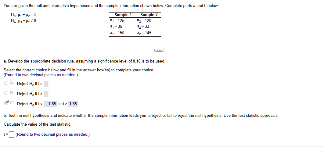 Solved H0:μ1−μ2=0HA:μ1−μ2 =0 a. Develop the appropriate | Chegg.com