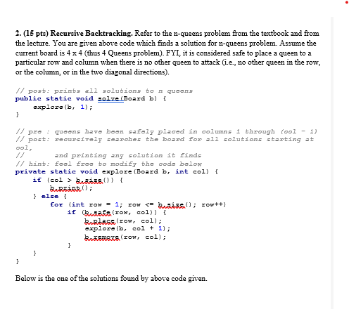 Solved 2. (15 pts) Recursive Backtracking. Refer to the | Chegg.com