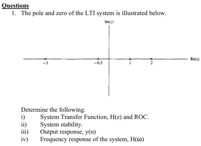 Questions
1. The pole and zero of the LTI system is illustrated below.
Determine the following.
i) System Transfer Function,
