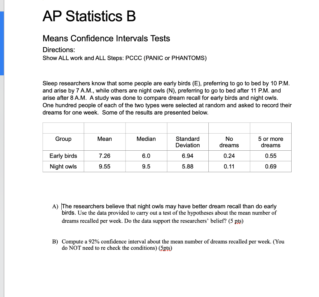 Solved AP Statistics B Means Confidence Intervals Tests | Chegg.com