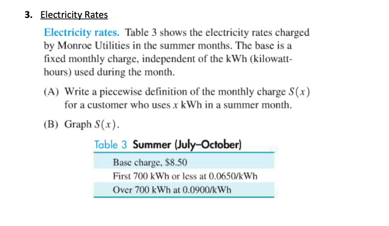 Solved 3. Electricity Rates Electricity rates. Table 3 shows | Chegg.com