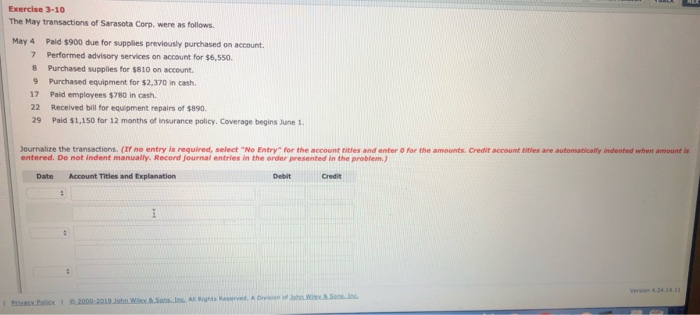Solved Exercise 3-10 The May transactions of Sarasota Corp 