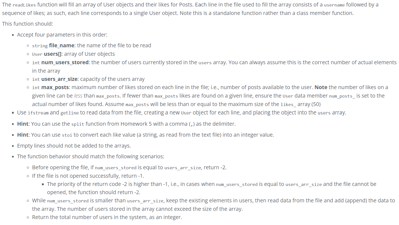 Solved The readLikes function will fill an array of User | Chegg.com