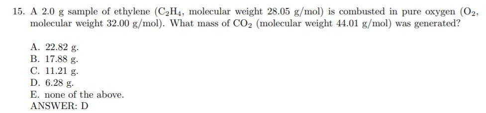 Solved 15. A 2.0 G Sample Of Ethylene (C2H4, Molecular We