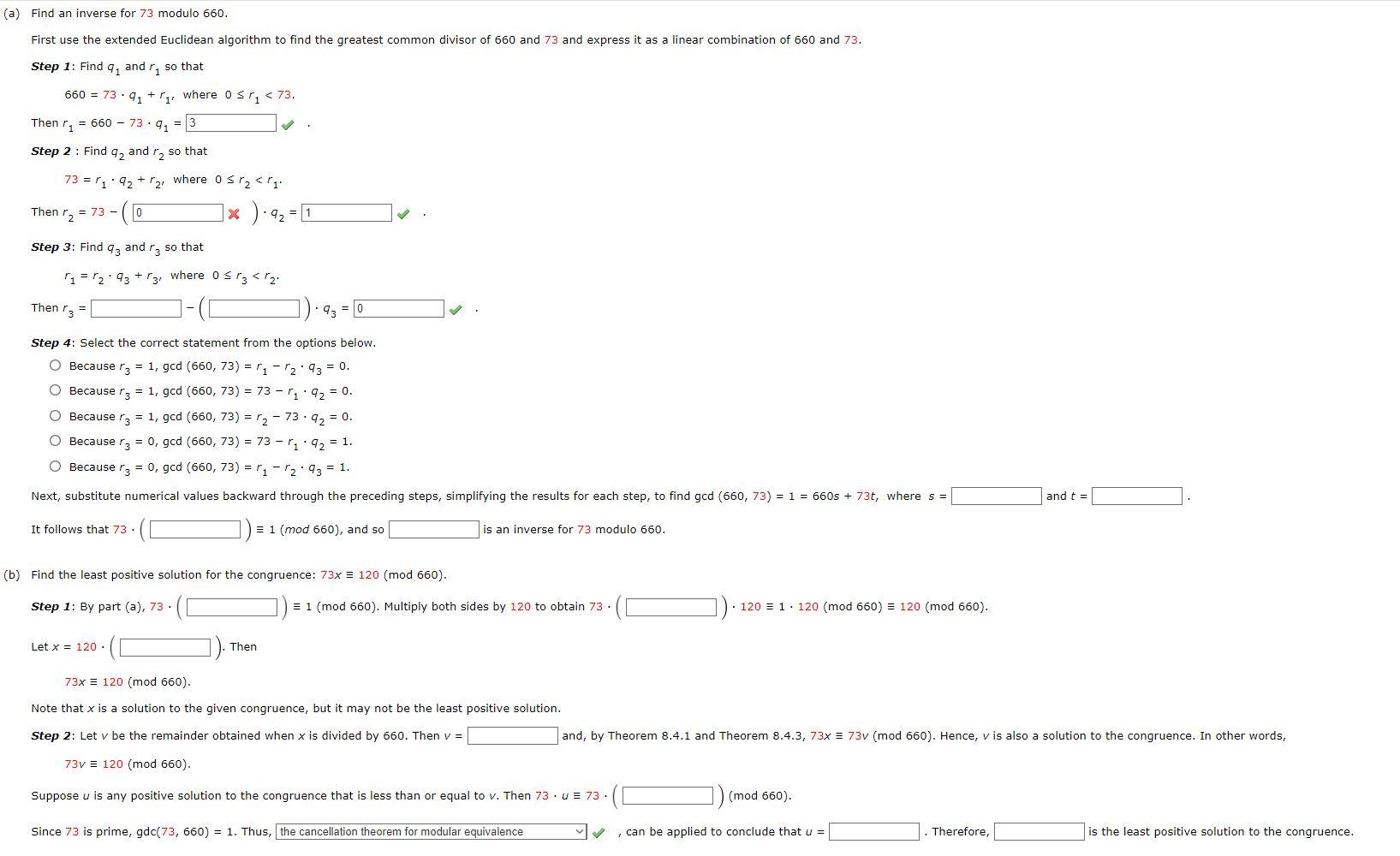 Solved (a) Find an inverse for 73 modulo 660. First use the | Chegg.com