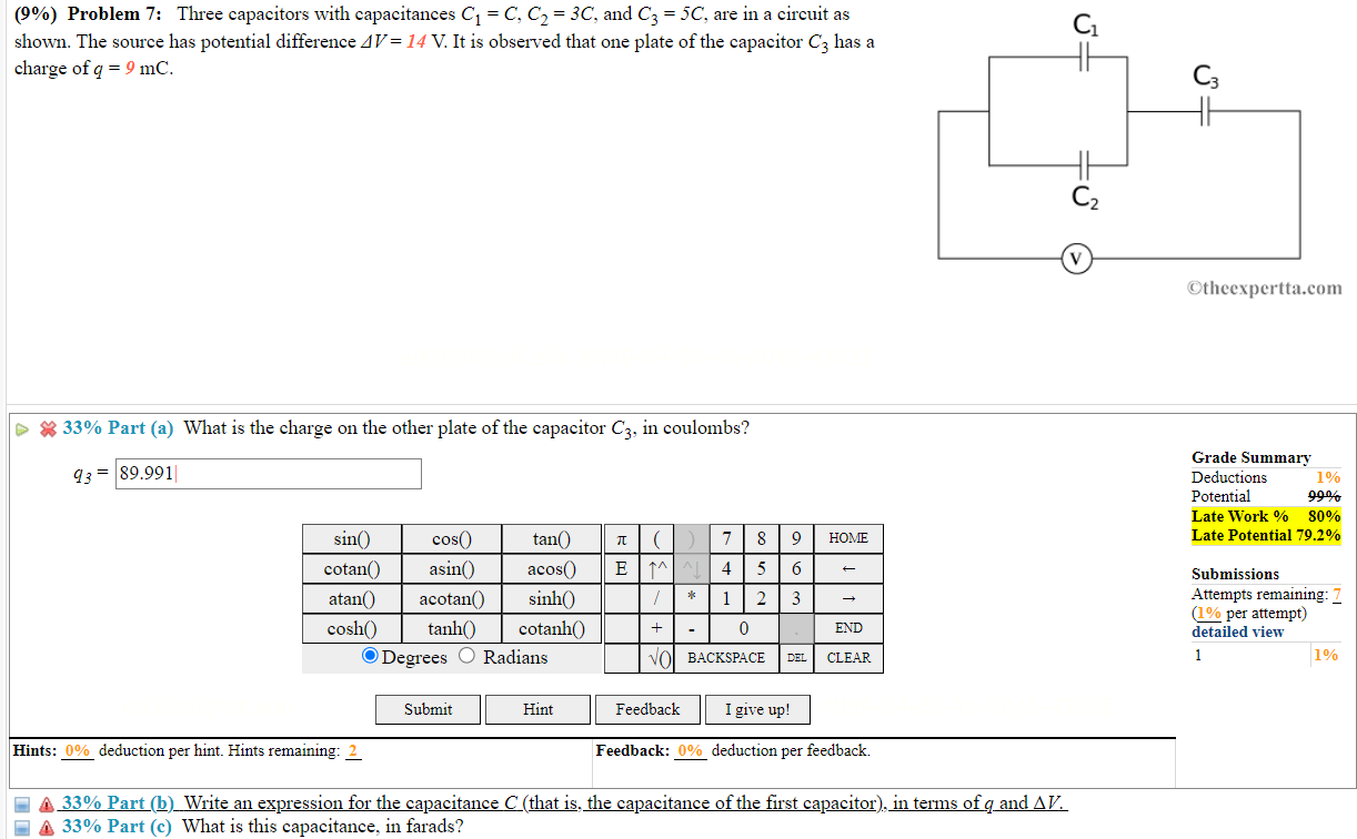 Solved (9\%) Problem 7: Three Capacitors With Capacitances | Chegg.com