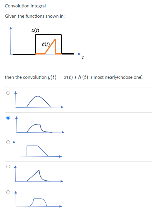 Convolution Integral
Given the functions shown in:
then the convolution \( y(t)=x(t) * h(t) \) is most nearly(choose one):