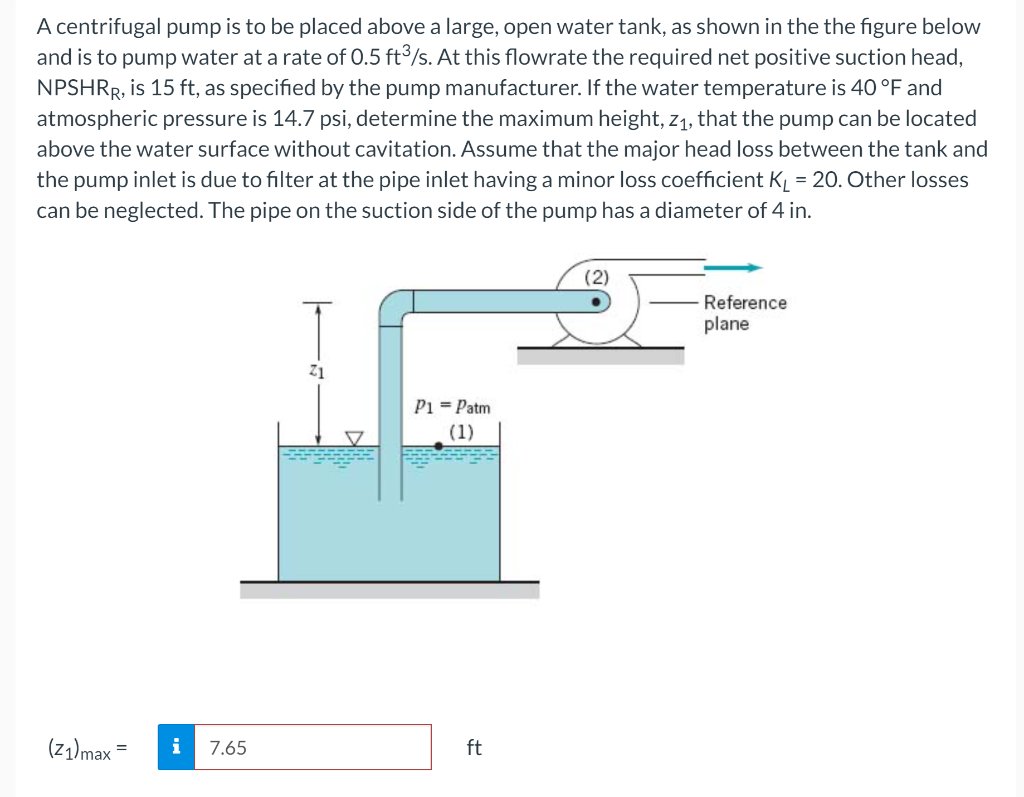 A centrifugal pump is to be placed above a large, | Chegg.com