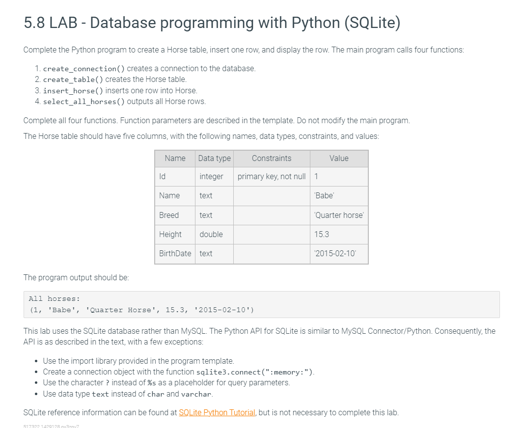 Solved Complete the Python program to create a Horse table, | Chegg.com