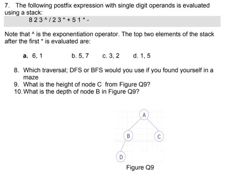Solved 7. The following postfix expression with single digit | Chegg.com