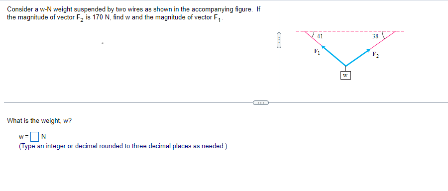 Consider a w-N weight suspended by two wires as shown in the accompanying figure. If the magnitude of vector \( F_{2} \) is \