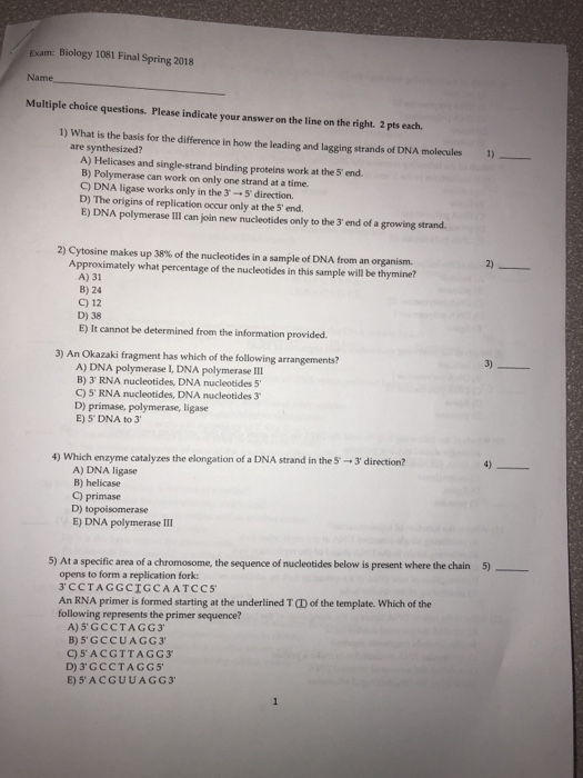 Solved Exam: Biology 1081 Final Spring 2018 Name Multiple | Chegg.com