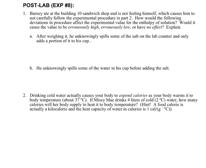 Solved POST-LAB (EXP #8): 1. Barney ate at the building 10 | Chegg.com