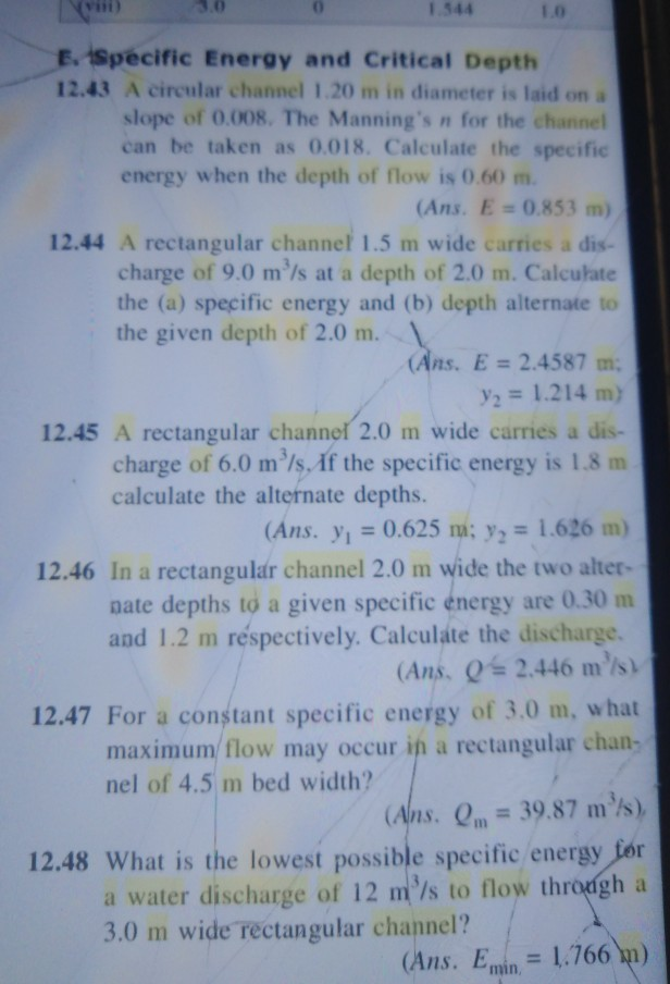 Solved E. Specific Energy and Critical Depth 12.83 A | Chegg.com