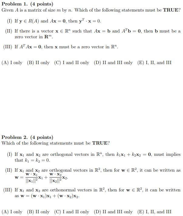 Solved Problem 1 4 Points Given A Is A Matrix Of Size Chegg Com
