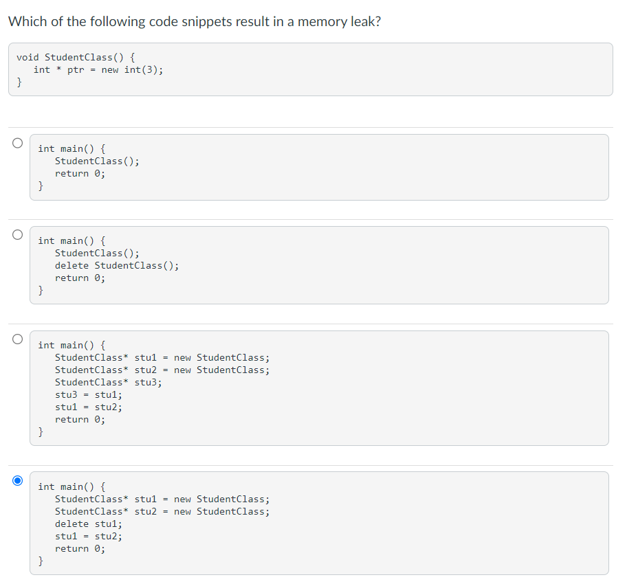 Solved Which Of The Following Code Snippets Result In A | Chegg.com