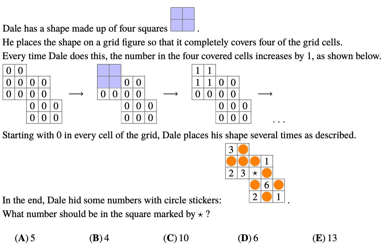 Dale has a shape made up of four squares
He places the shape on a grid figure so that it completely covers four of the grid c
